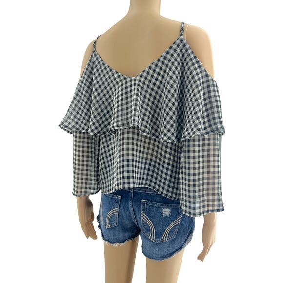 Ten Sixty Sherman LARGE Black White Sheer Gingham Plaid Cold Shoulder Top - Picture 4 of 5
